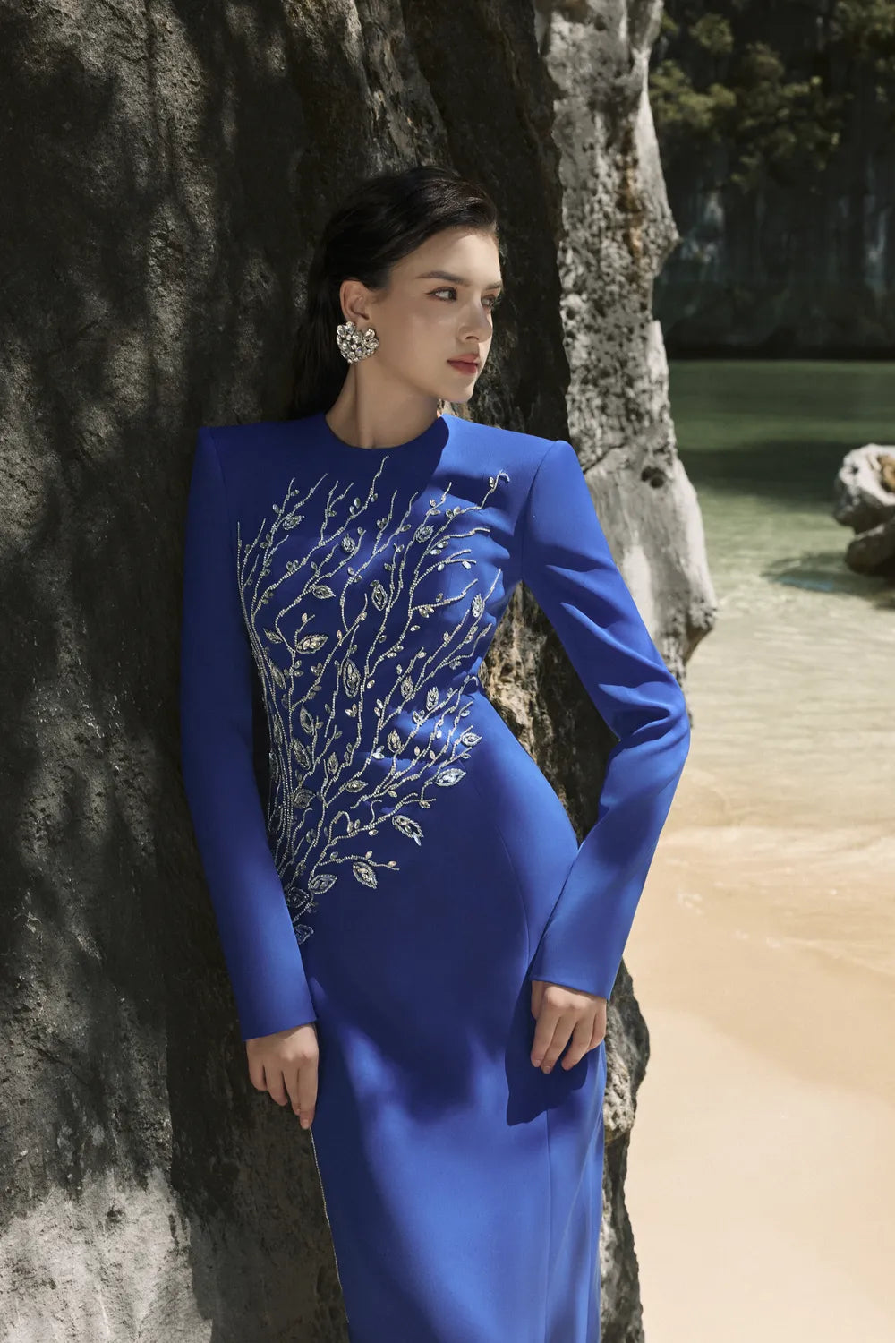 Padded Shoulder Crystal Embellished Straight Dress